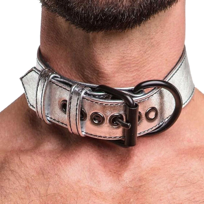Obroża erotyczna Bondage Fetish z łańcuszkiem - srebrna