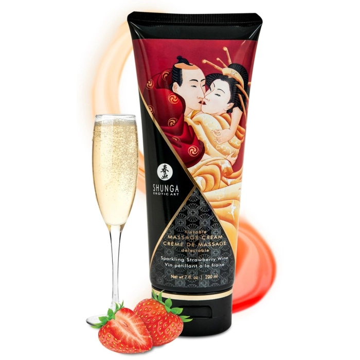 Jadalny krem do masażu Shunga 200 ml - musujące wino truskawkowe