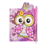 A spiral notebook with a pen - owls