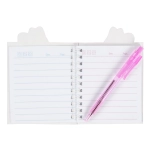 A spiral notebook with a pen - owls