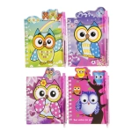 A spiral notebook with a pen - owls