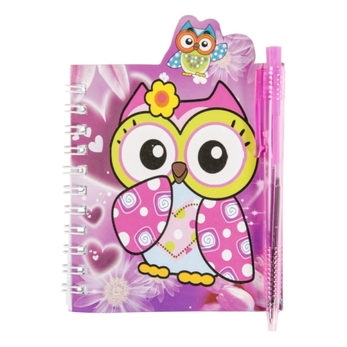 A spiral notebook with a pen - owls