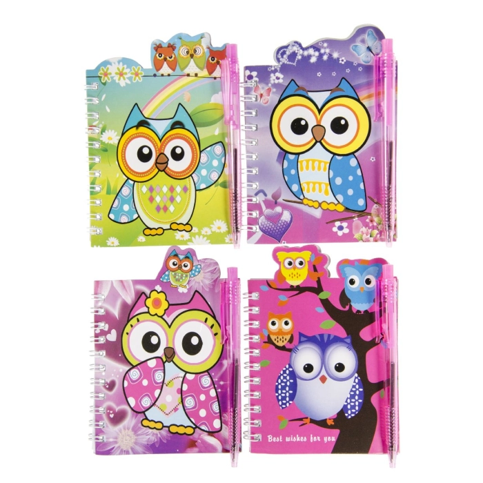 A spiral notebook with a pen - owls
