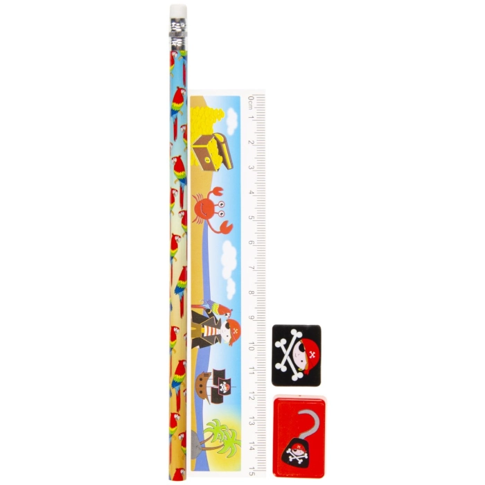 Set of pencil, ruler, eraser and sharpener pirates