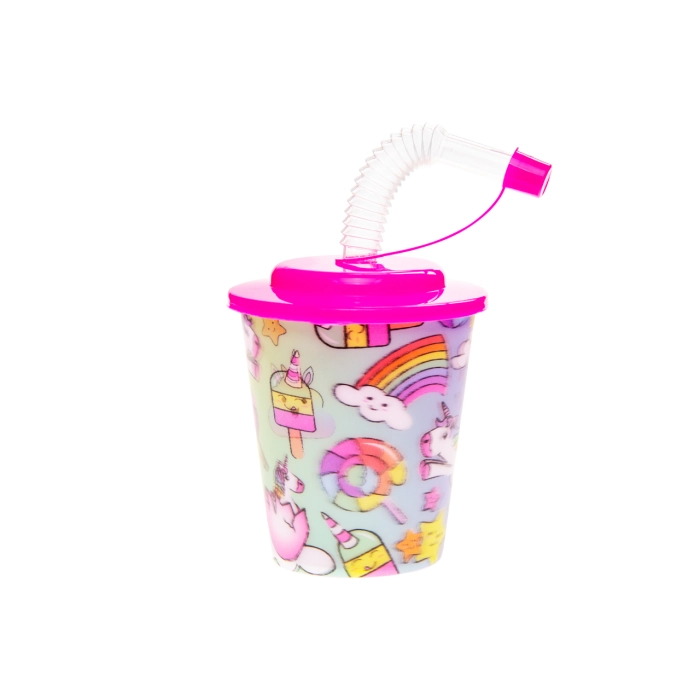 Kubek plastikowy z rurką i wieczkiem Jednorożce 3D