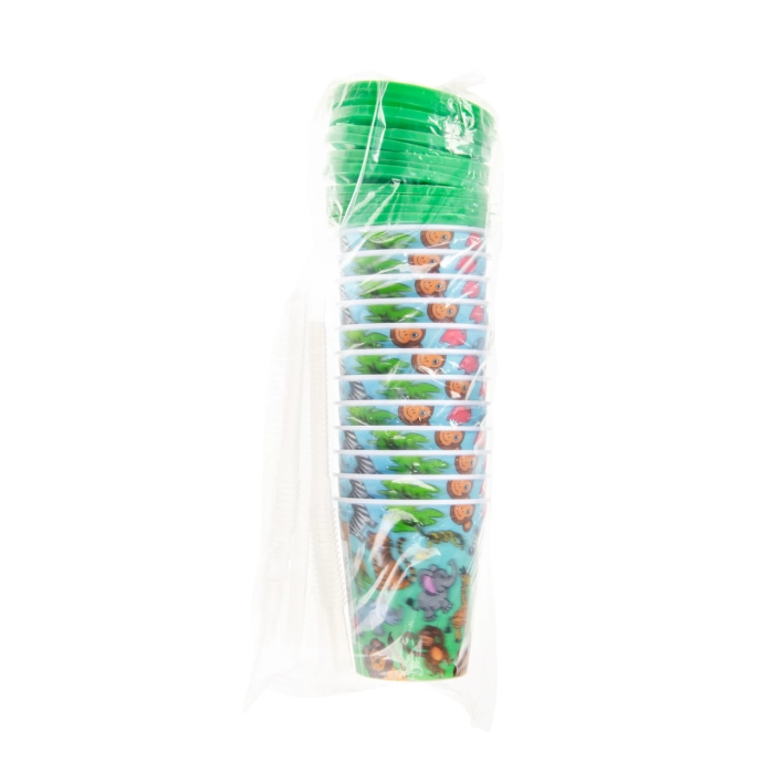 Kubek plastikowy z rurką i wieczkiem - dzikie zwierzęta 3D