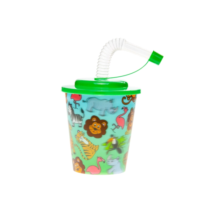 Kubek plastikowy z rurką i wieczkiem - dzikie zwierzęta 3D