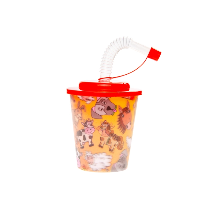 Kubek plastikowy z rurką i wieczkiem - wiejskie zwierzęta 3D