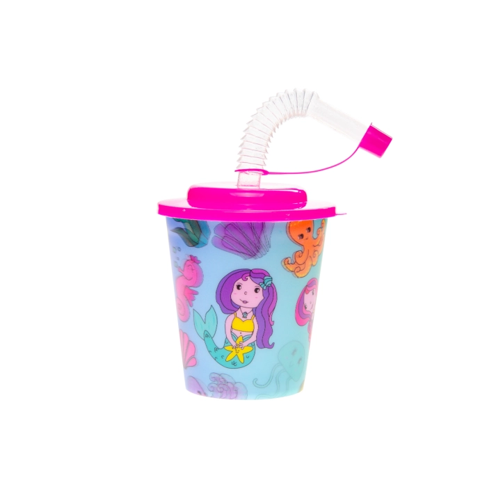 Kubek plastikowy z rurką i wieczkiem - syrenka 3D