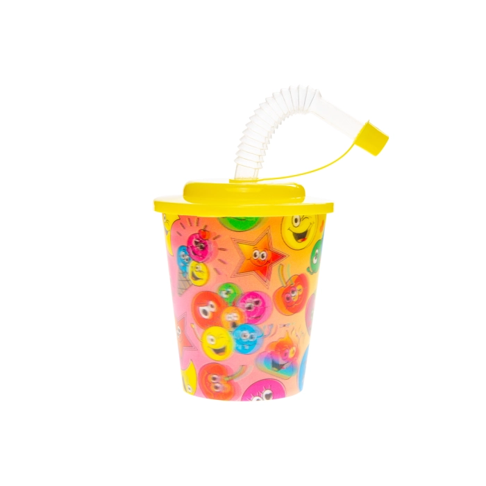 Kubek plastikowy z rurką i wieczkiem - bużki emotikony 3D