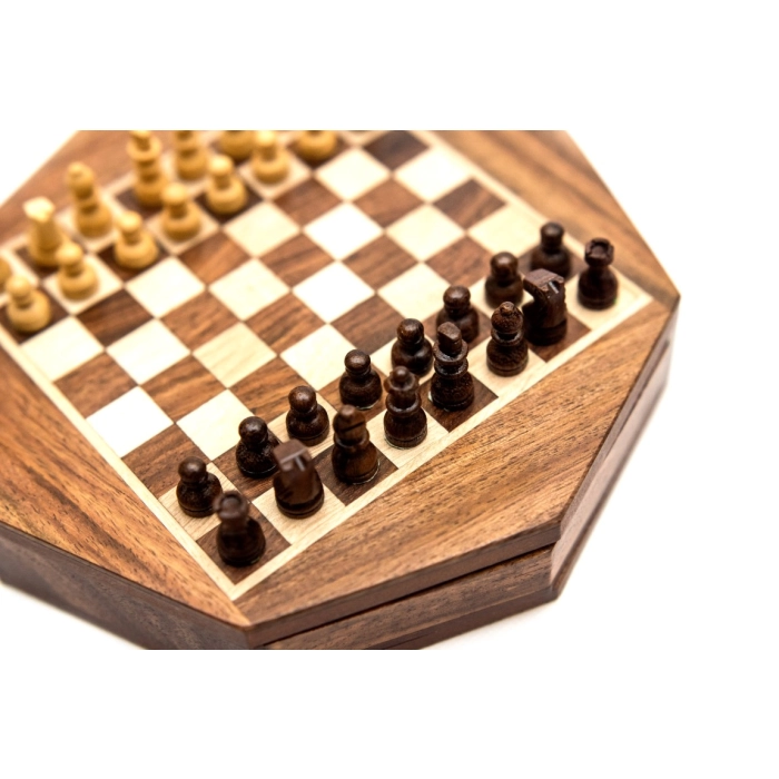 Magnetic chess pieces in an octagonal box