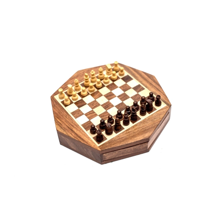 Magnetic chess pieces in an octagonal box