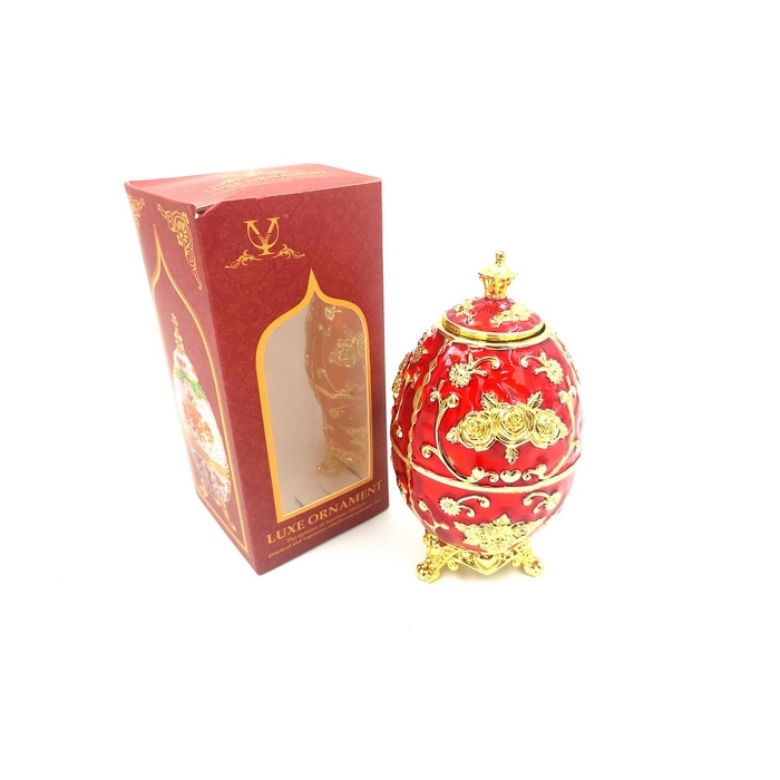 Replika jaja Faberge - czerwono-złote, z motywem róży