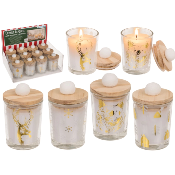 Candle in glass with a wooden lid and a pompom