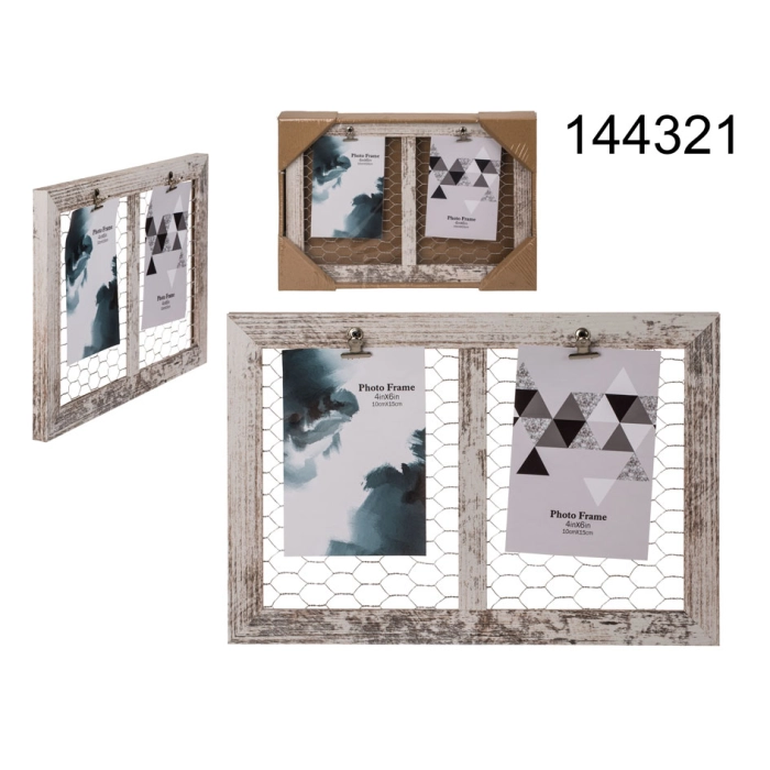 Wooden frame for 2 photos with a metal mesh
