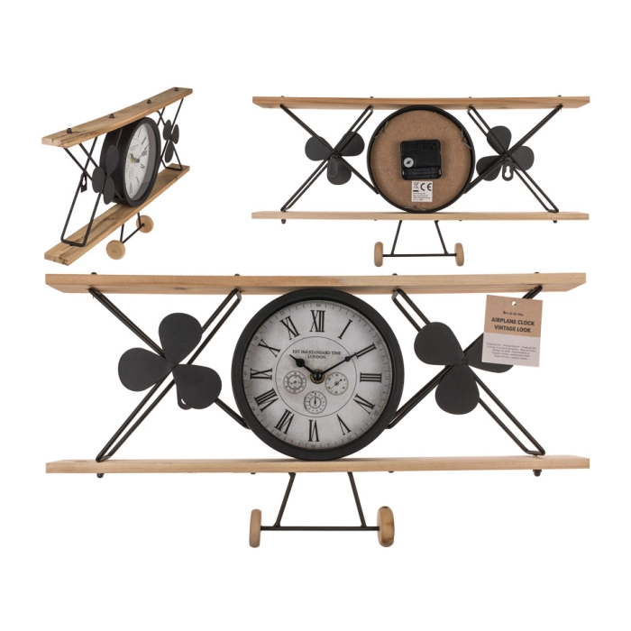 Zegar samolot retro XL - drewno i metal