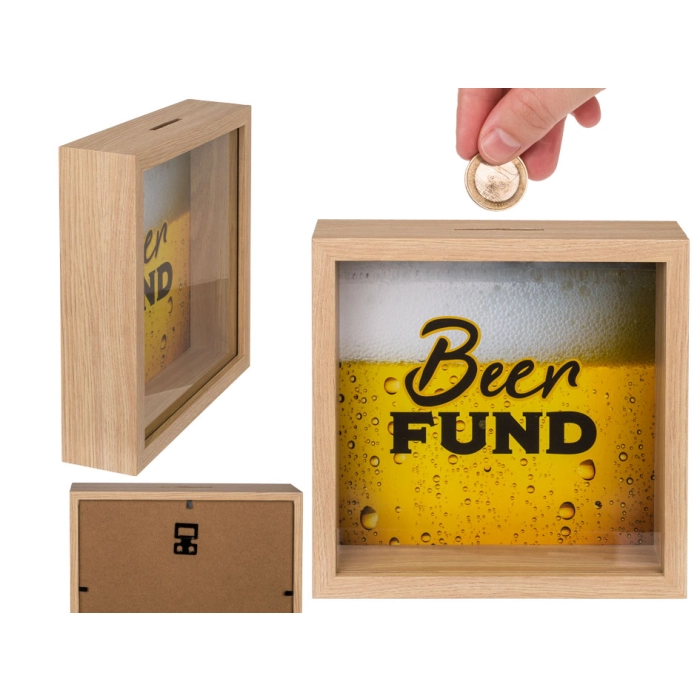 Holzsparschwein mit Fenster - Bier gefunden