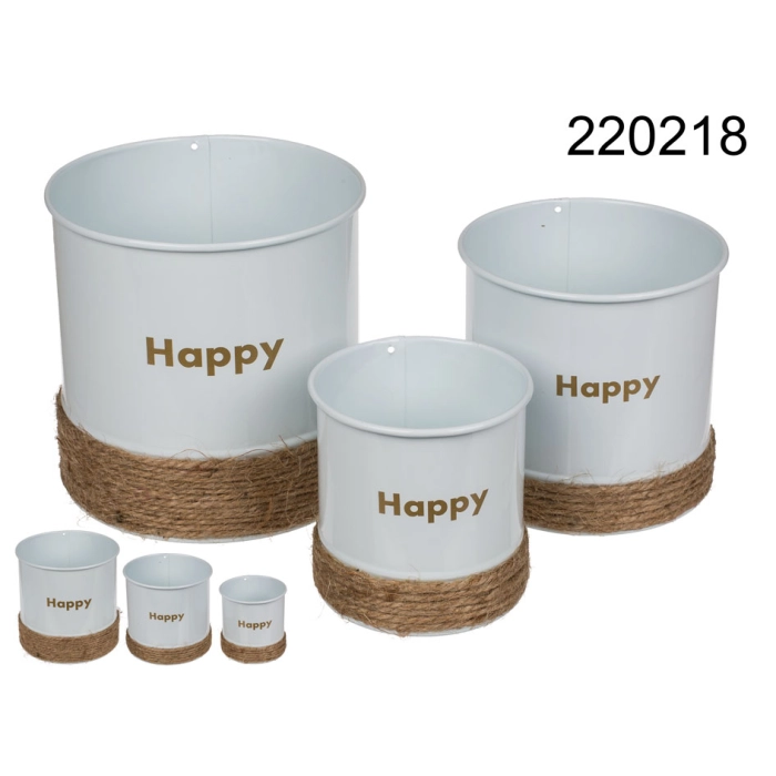 Zestaw 3 sztuk - doniczki z dekoracją jutową Happy