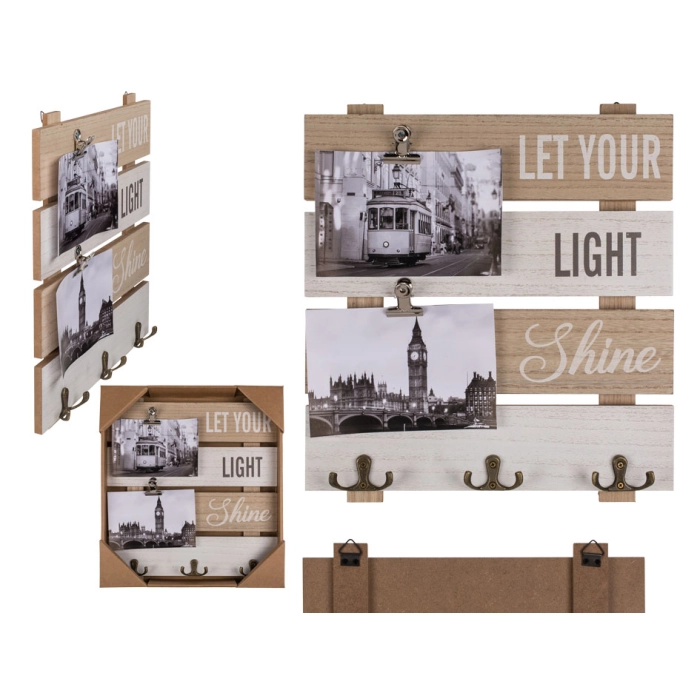 Drewniana ramka na zdjęcia z wieszaczkami - Let your light shine