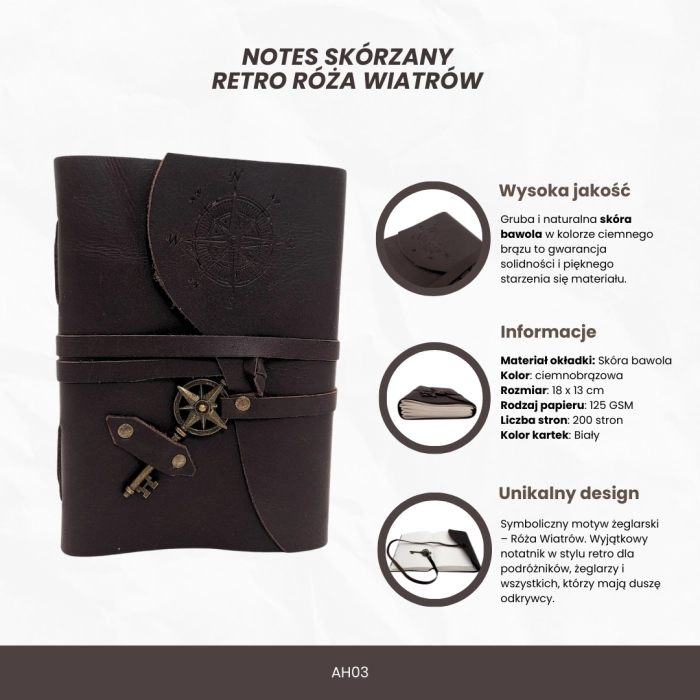 Notes Skórzany Retro – Róża Wiatrów, 200 Stron, Prezent dla Żeglarza