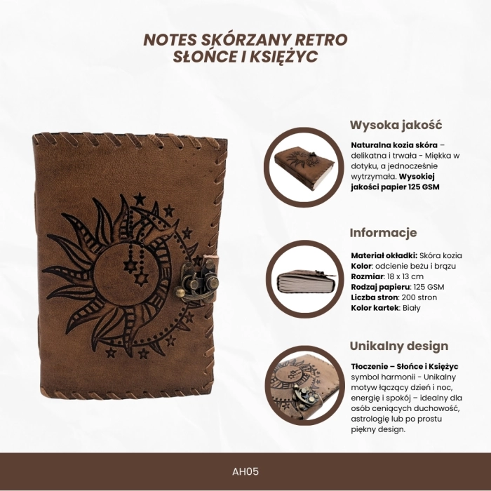 Notes Skórzany Retro – Słońce i Księżyc, 200 Stron Magii i Harmonii