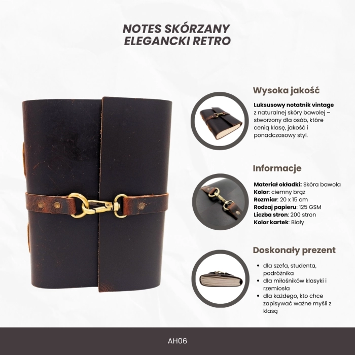 Elegancki notes skórzany retro – vintage 200 stron | Hurtownia upominków i akcesoriów