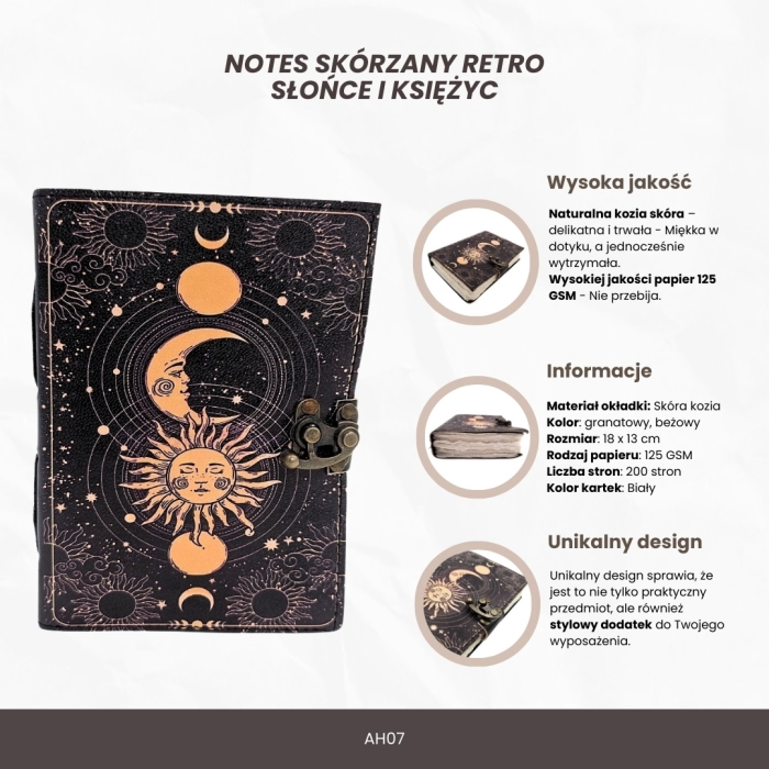 Notes Skórzany Słońce i Księżyc – Ozdobny Dziennik w Stylu Retro