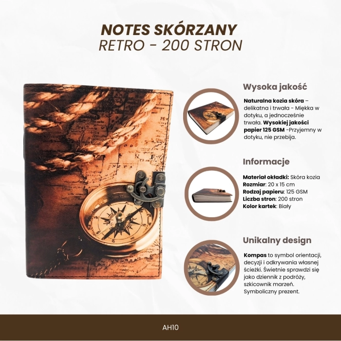 Notes Skórzany ze Wzorem z Kompasem – Vintage Dziennik Dla Podróżnika