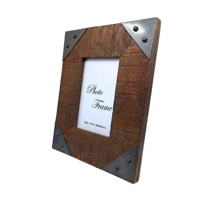 Drewniana Ramka na Zdjęcia 10x15 cm – Vintage z Drewna Mango i Metalowymi Okuciami