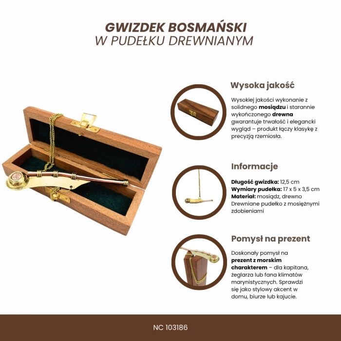Gwizdek Bosmański z Mosiądzu w Drewnianym Pudełku – Marynistyczny Upominek z Charakterem