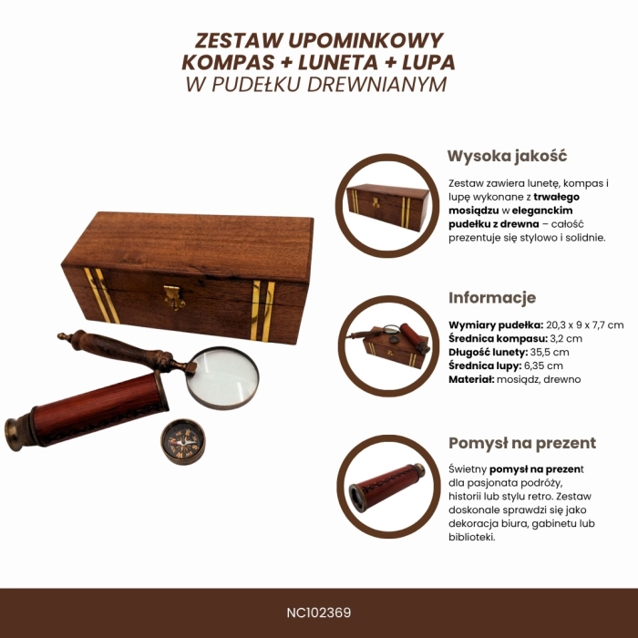 Zestaw Podróżnika Retro – Luneta, Kompas i Lupa w Drewnianym Pudełku