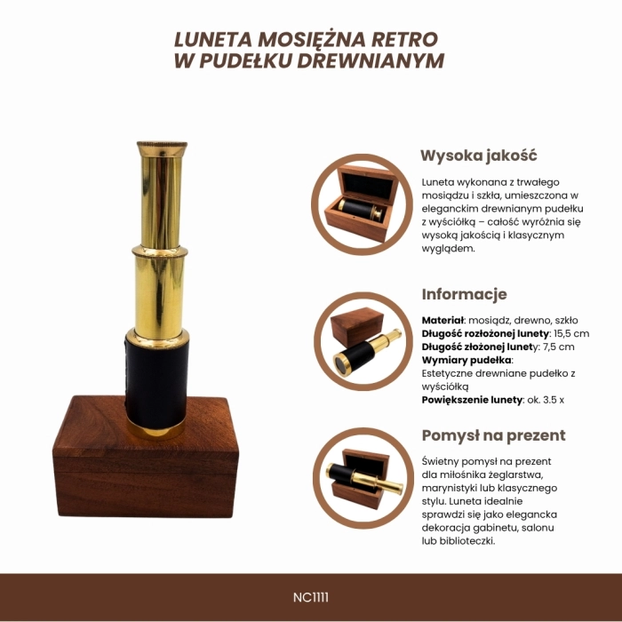 Luneta Mosiężna Retro w Drewnianym Pudełku – Oko Podróżnika z Minionej Ery