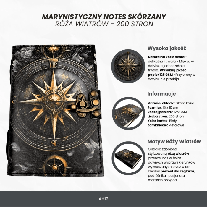 Skórzany Notes Retro z Różą Wiatrów – 200 stron
