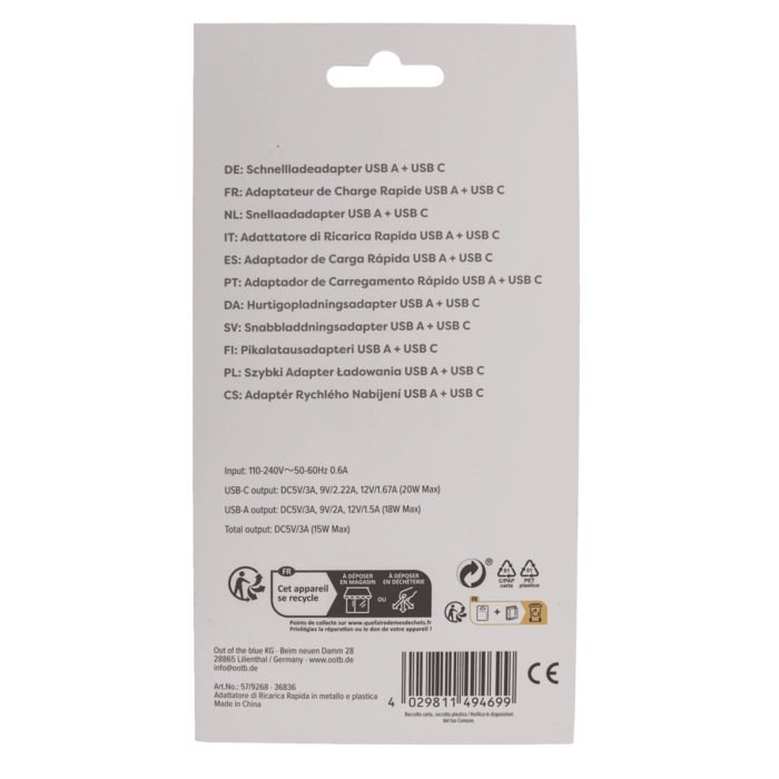 Szybki adapter ładowania USB A + USB C | Hurtownia akcesoriów GSM
