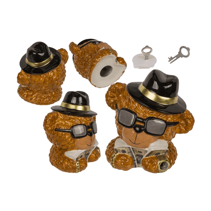 Skarbonka Miś Finansista – Ceramiczna Skarbonka z Kluczykiem | kemis.pl