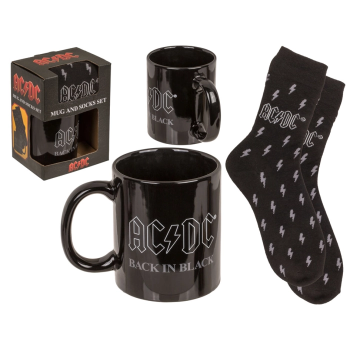 Zestaw Prezentowy AC/DC „Back in Black” – Kubek i Skarpetki dla Fanów Ciężkiego Brzmienia