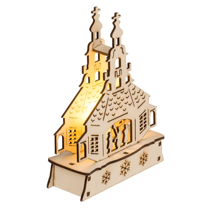 Drewniany kościółek z LED – świąteczna dekoracja z podświetleniem | Hurtownia zabawek i gadżetów